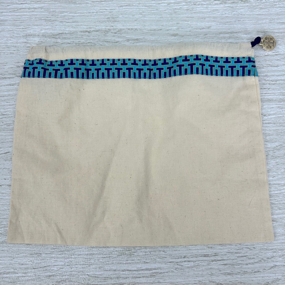 Tory Burch Cosmetic Pouch Travel Bag Drawstring Logo Charm Canvas Beige Blue
